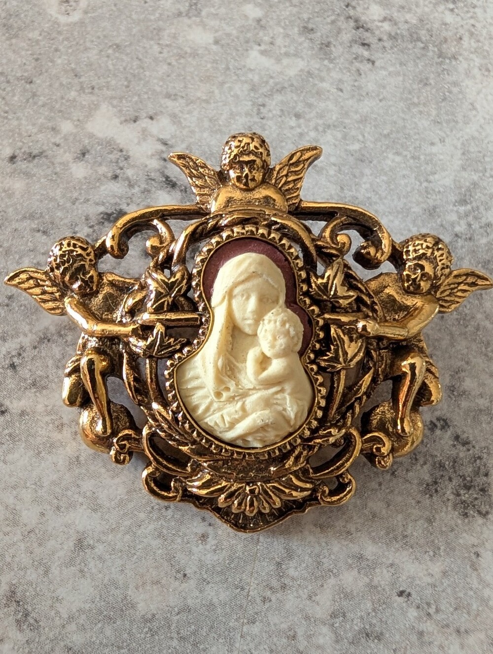 Gold-Tone Cherub Madonna and Child Brooch